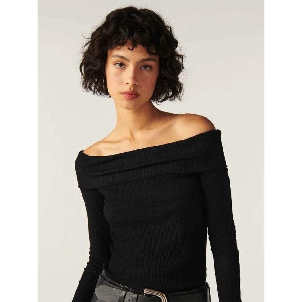 ba&sh Ribbed Knit Off the Shoulder Top Black Large